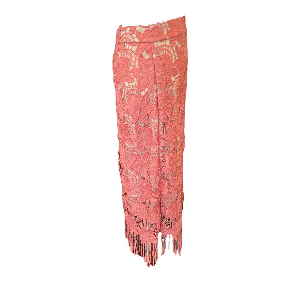 Alice Olivia Pink Floral Lace Strand Pencil Skirt 6 Midi Fringe Cocktail Dressy - Picture 2 of 5